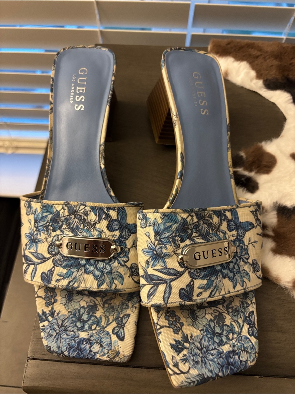 GUESS Blue Floral Block Heel Slide Mules on Cream